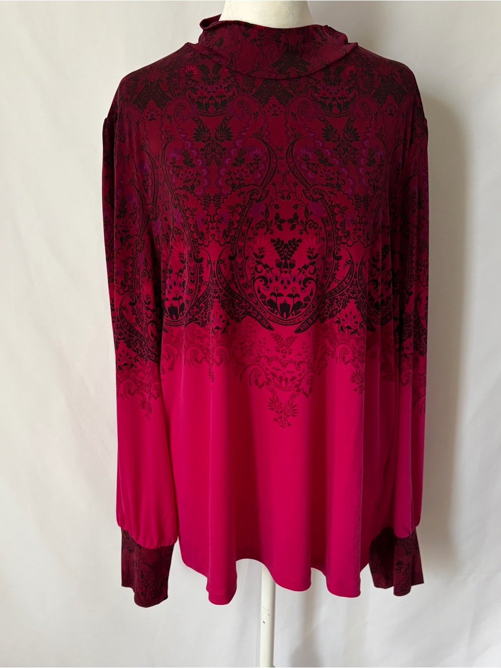 New Susan Graver Printed Liquid Knit Mock Neck Top with Blouson Sleeves Large